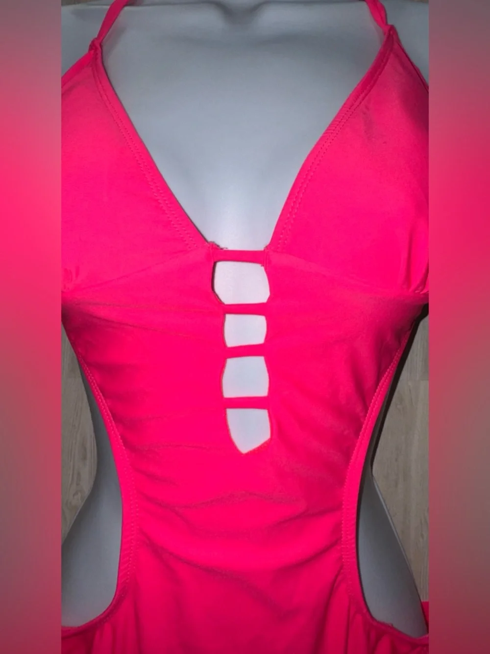 Neon Pink Y2K One-Piece Swimsuit with Side Cut-Outs - size Large - Picture 5 of 12